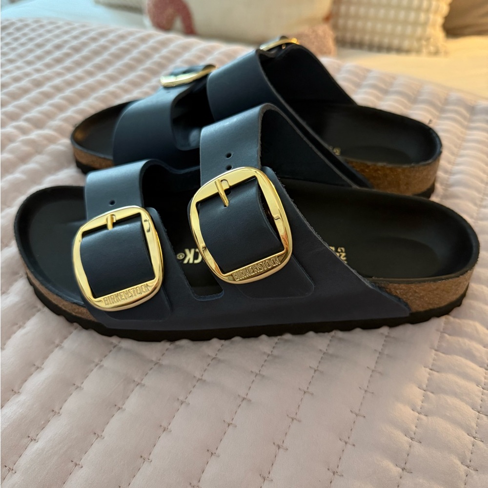 NWOT Birkenstock Navy Sandals with Gold Buckles Size 38